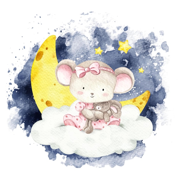 Aquarel babymuis zittend op de wolk