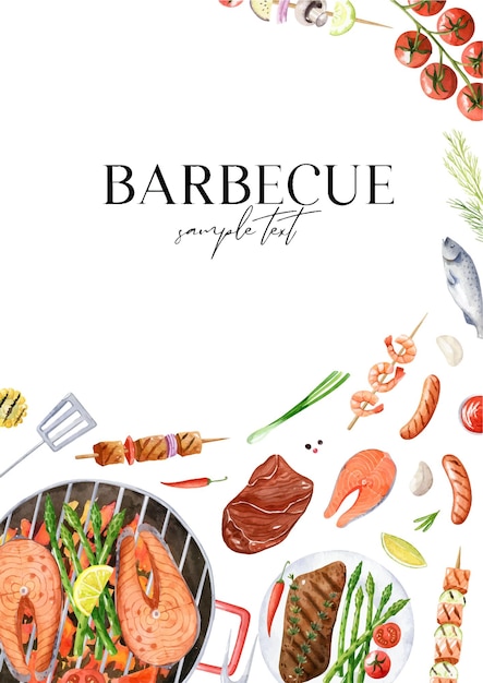 Aquarel barbecue-uitnodigingssjabloon Premade-kaart met voedselillustraties en kopieerruimte