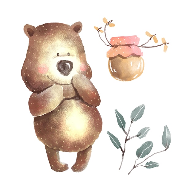 Aquarel beer met honing handgetekende illustratie