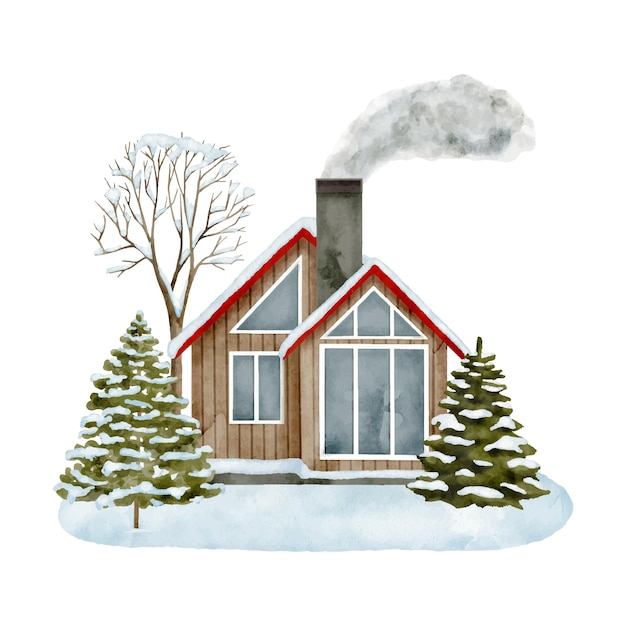 Vector aquarel besneeuwde winter huis landschap illustratie