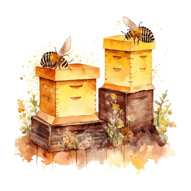 Vector aquarel bijenkorven en bijenillustratie bijenteelt hand getrokken clipart elementen