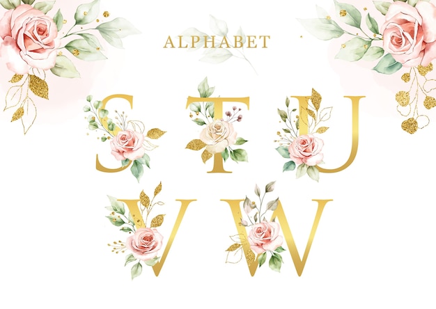 Vector aquarel bloemen alfabet set met gouden bladeren