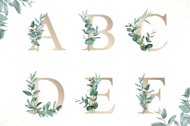 Aquarel bloemen alfabet set van abcdef met handgetekende gebladerte