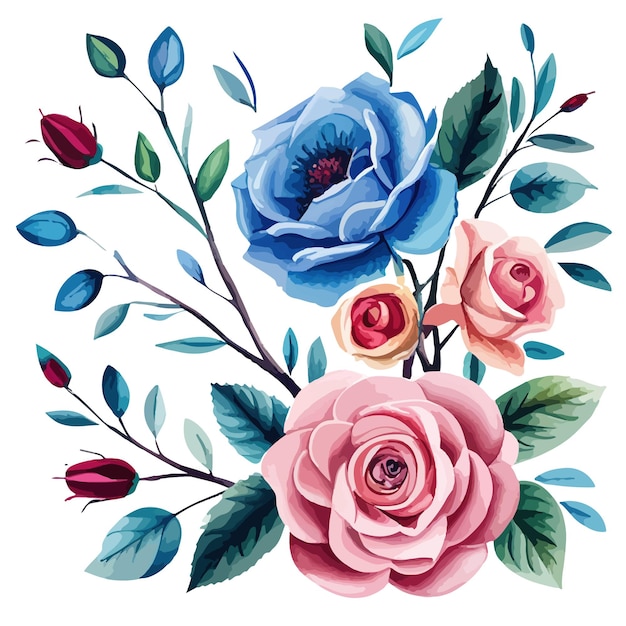 Aquarel bloemen boeket bloemen roze rode en blauwe rozen ontwerp arrangementen voor textielgroet