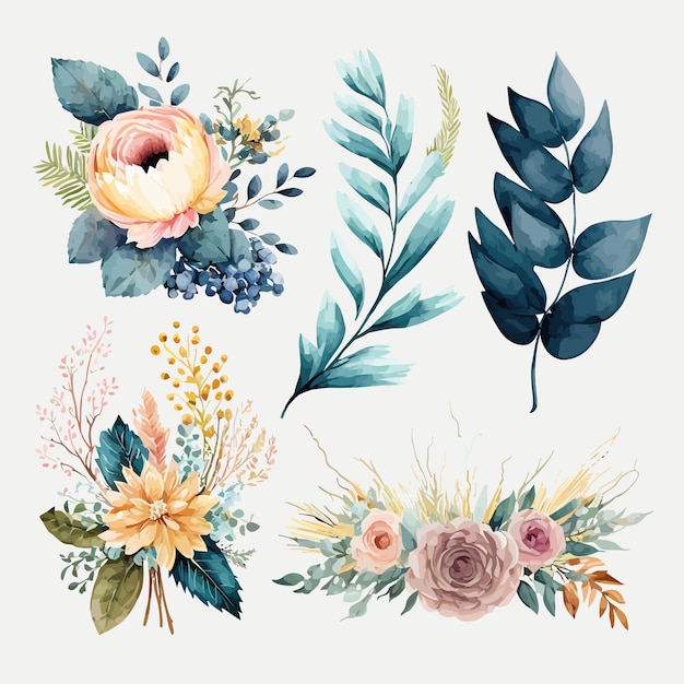 Aquarel bloemen boeket illustratie set blozen roze blauw geel bloem groen blad bladeren takken