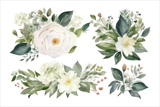 Aquarel bloemen boeket illustratie set witte bloem groen blad bladeren takken boeketten collectie Decoratieve bloem elementen sjabloon Platte cartoon afbeelding geïsoleerd op witte achtergrond