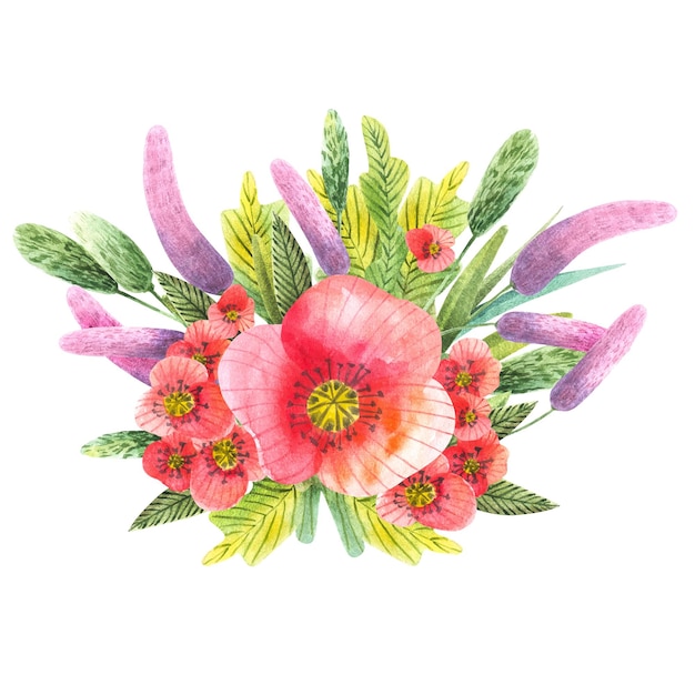 Aquarel bloemen composities van veldkruiden en bloemen klaprozen boterbloemen korenbloemen gele en roze bloemen