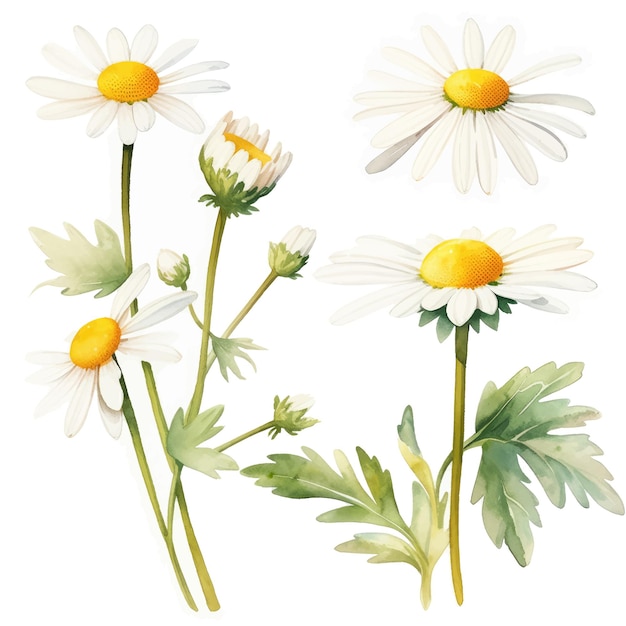 Aquarel bloemen en blad assortiment Vector Set Daisy