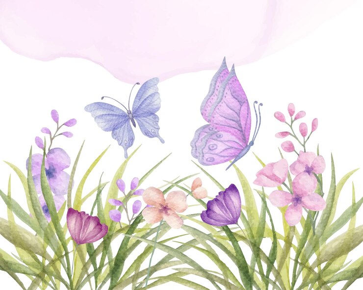 Aquarel bloemen en vlinder lente achtergrond