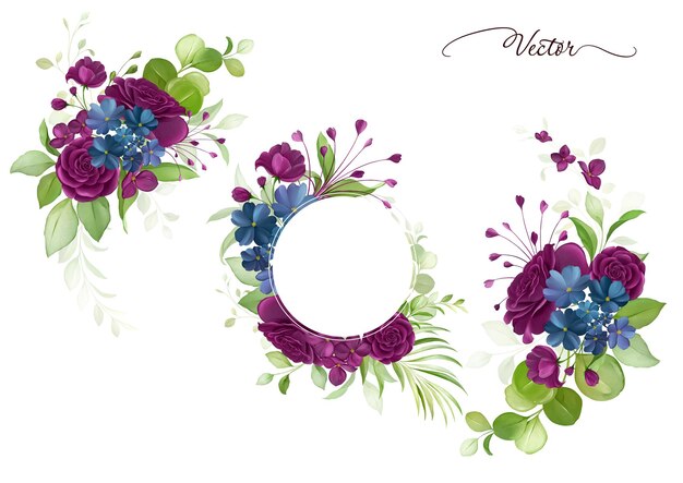 Aquarel bloemen frame en arrangementen elementen van paarse rozen