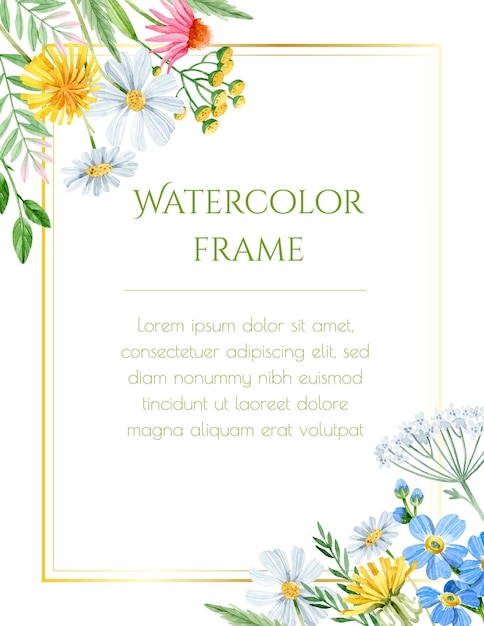 Vector aquarel bloemen frame met kamille paardenbloem en yarrow voor uitnodiging