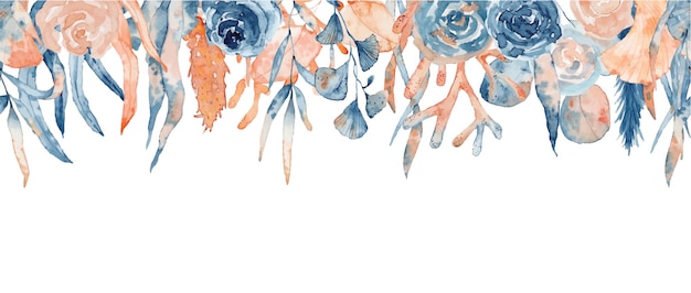 Aquarel bloemen frame met roze en blauwe pioenroos, bladeren en koralen, met de hand getekende illustratie