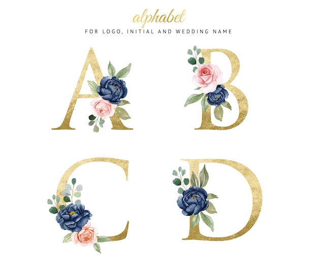 Aquarel bloemen gouden alfabet set van a, b, c, d met marine en perzik bloemen. voor logo, kaarten, huisstijl, enz