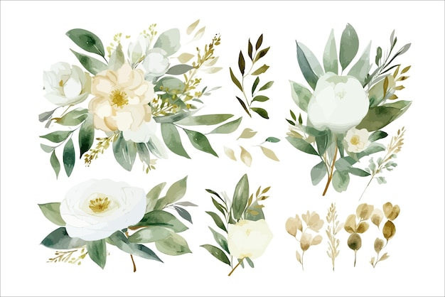 Aquarel bloemen illustratie boeket witte bloemen roos peony groen en bladgoud takken collectie Decoratieve bloem elementen sjabloon Platte cartoon afbeelding geïsoleerd op witte achtergrond