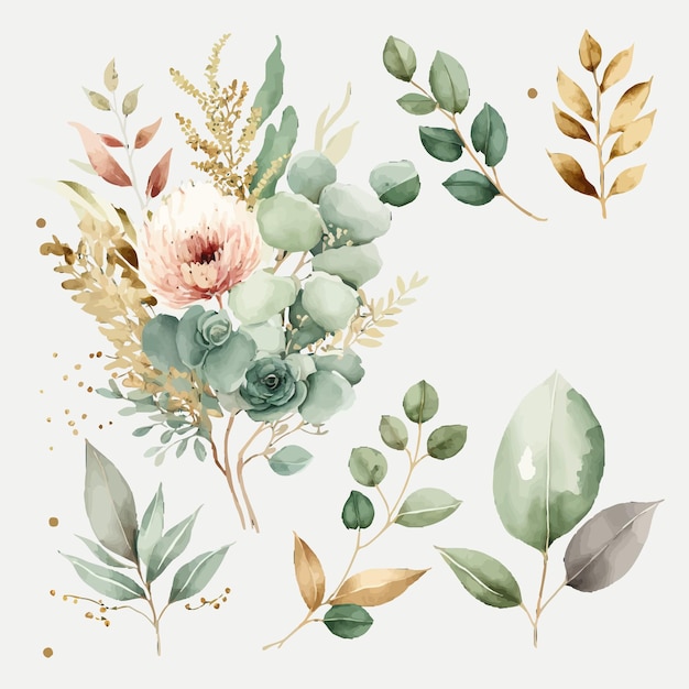 Aquarel bloemen illustratie set bloem en groen bladgoud Decoratieve elementen sjabloon Platte cartoon afbeelding geïsoleerd op een witte achtergrond