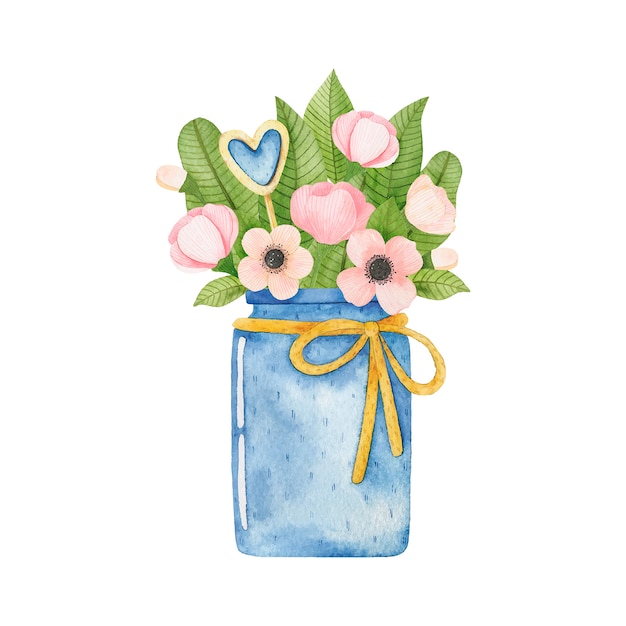 aquarel bloemen in een blauwe pot