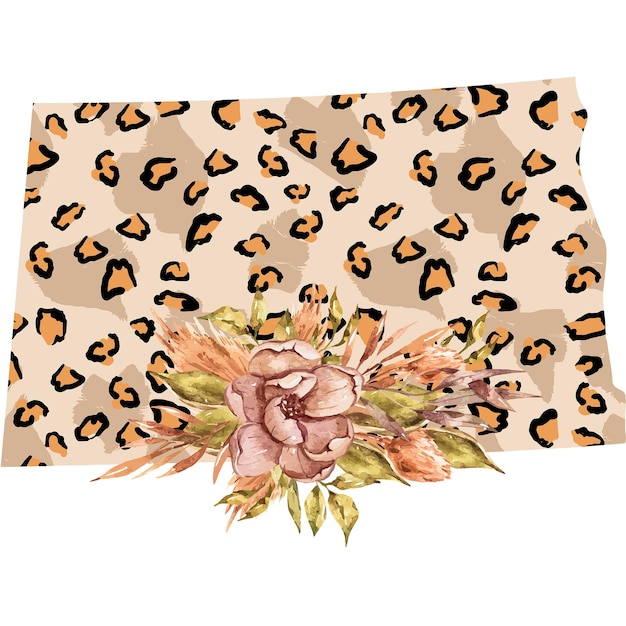 Aquarel bloemen Leopard North Dakota staat kaart illustratie voor sublimatie print poster USA