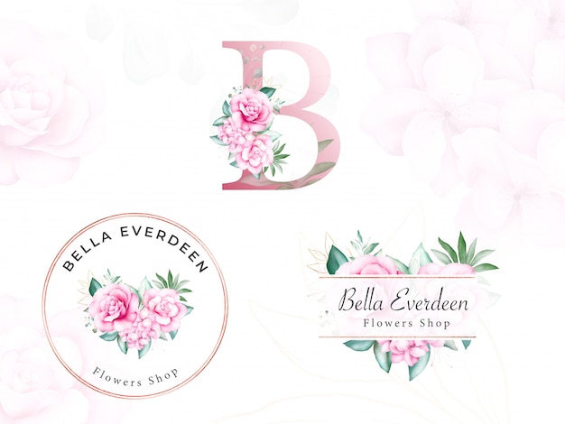 Aquarel bloemen logo set voor de eerste b van perzikrozen en bladeren. premade bloemen badge voor branding