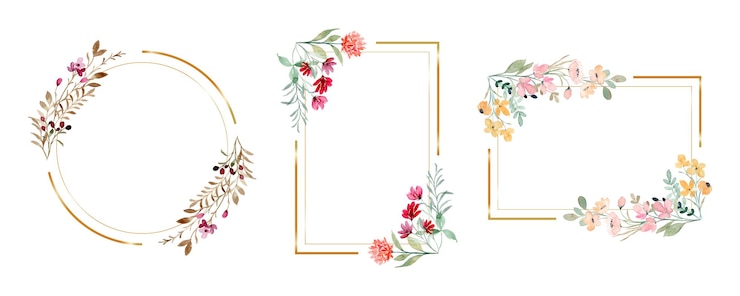 Vector aquarel bloemen met gouden frame collectie
