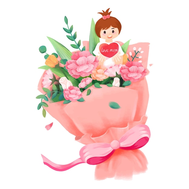 Aquarel bloemenboeket met een karakter meisje Liefde moeder teken
