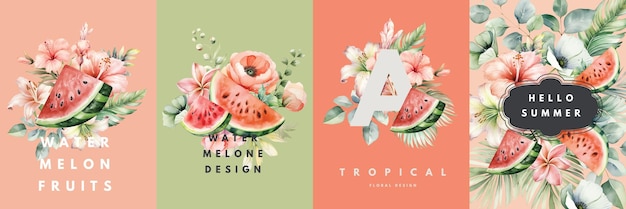 Vector aquarel bloemenkaarten ontwerp sjablonen met watermeloen