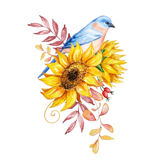 Aquarel boeket, botanische illustratie, herfst samenstelling, van bloemen, met een vogel, zonnebloemen, herfstbladeren en bessen op een witte achtergrond