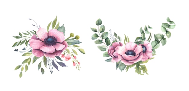 Aquarel boeketten met roze bloemen, anemonen.