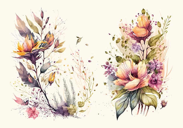 Aquarel boeketten met wilde bloemen Hand getrokken vectorillustratie