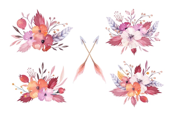 Aquarel boho bloemen illustratie set pijlen met bloemboeketten tribal inheemse Amerikaanse symbool