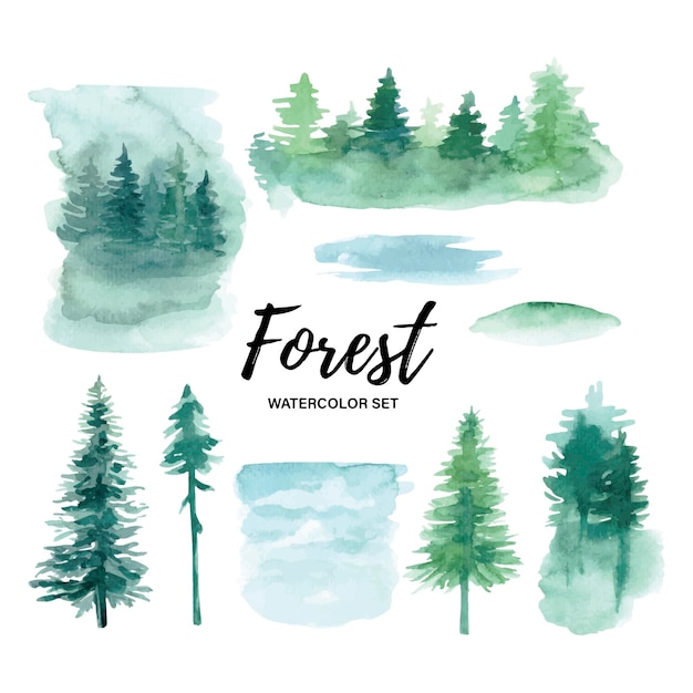 Aquarel bos set Groenblijvende bomen blauw water enkele boom Vector illustratie