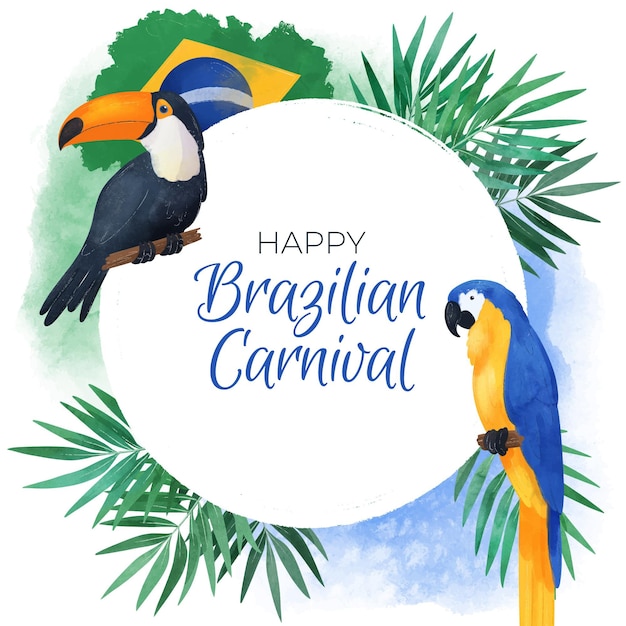 Aquarel braziliaanse carnaval achtergrond met vogels