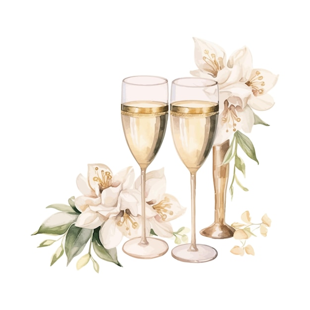 Vector aquarel bruiloft drankjes set champagneglazen gouden trouwringen en bloemen