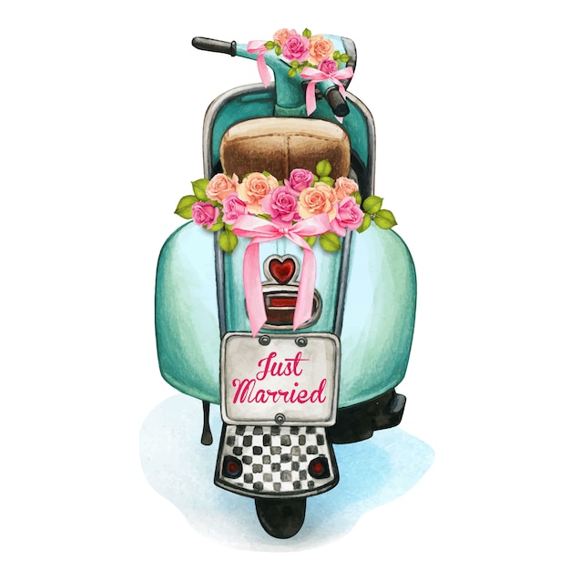 Vector aquarel bruiloft scooter met florale decoraties