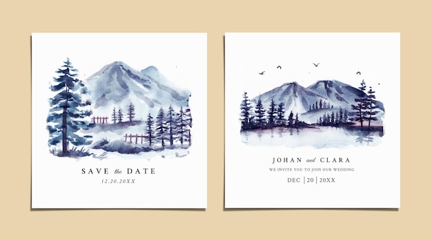 Aquarel bruiloft uitnodiging set met winterlandschap en ijzige berg