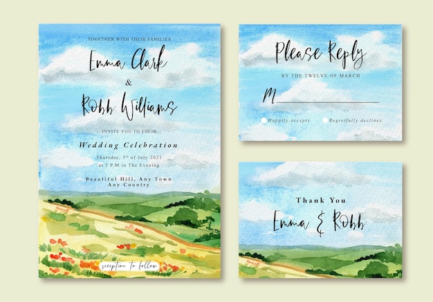 Aquarel bruiloft uitnodigingskaart van blauwe zonnige hemel en groen veld
