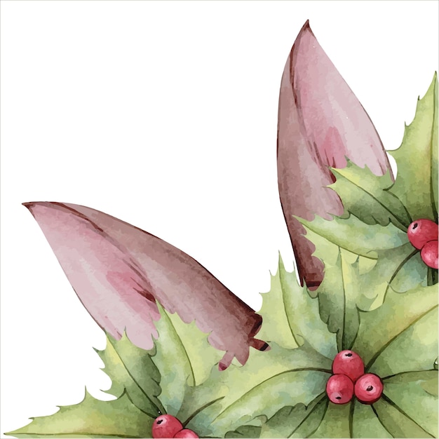 Aquarel Bunny oren in groene hulst takken frame illustratie geïsoleerd op witte achtergrondkleur
