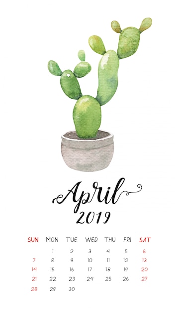 Aquarel cactuskalender voor april 2019.