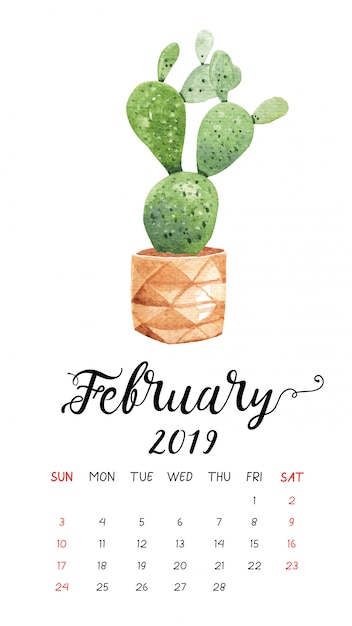 Aquarel cactuskalender voor februari 2019.