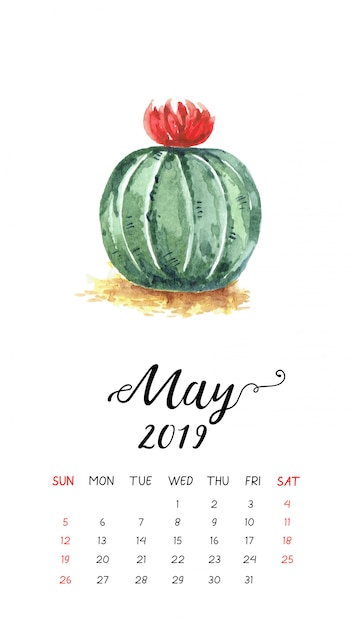 Aquarel cactuskalender voor mei 2019.