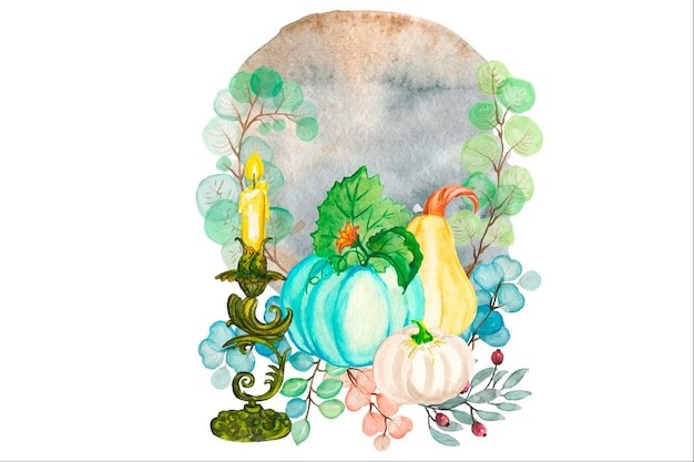 Aquarel clipart pompoen, kaars, boombladeren. Herfst illustratie.