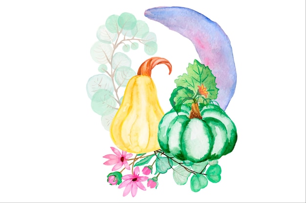 Aquarel clipart pompoen, kaars, boombladeren. Herfst illustratie.