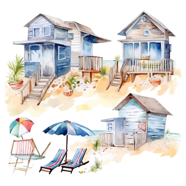Aquarel clipart van strandhuizen, bungalows, parasols, strandlandschap