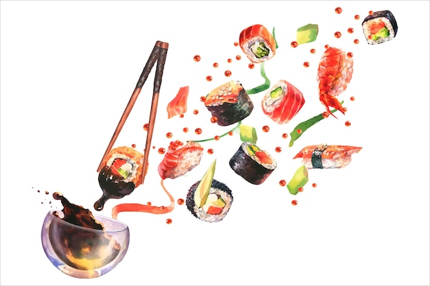 Aquarel compositie met sushi, splash saus, ingrediënt voor sushi in bewegingen op witte achtergrond