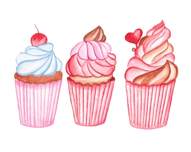 Aquarel cupcake clipart set voor Valentijnsdag en andere evenementen