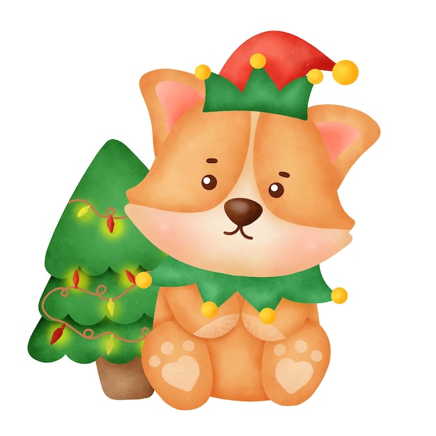 Aquarel cute cartoon corgi hond met kerstboom voor kerstkaart.