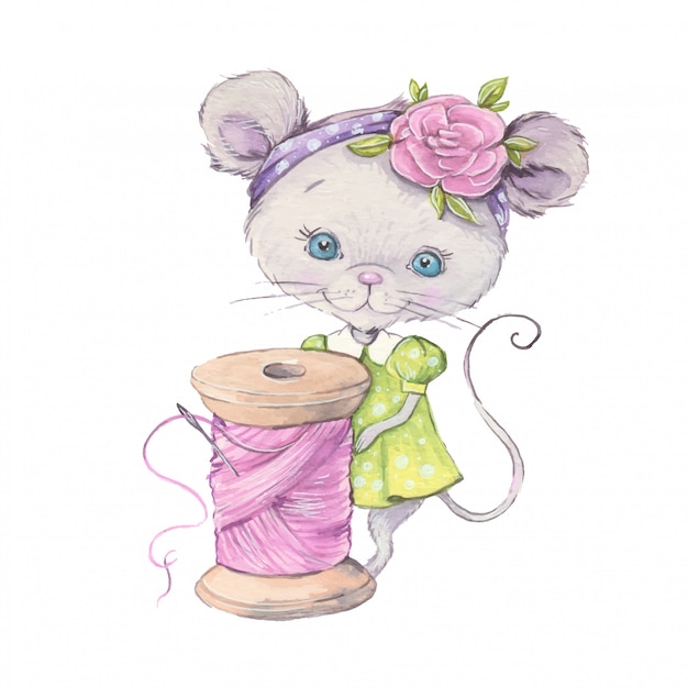 Aquarel cute cartoon muis met een spoel van draad.