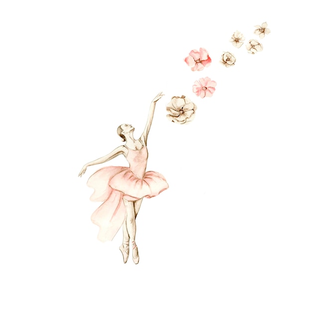 Aquarel dansende ballerina compositie met bloemen. Roze mooie ballerina. Aquarel hand tekenen il