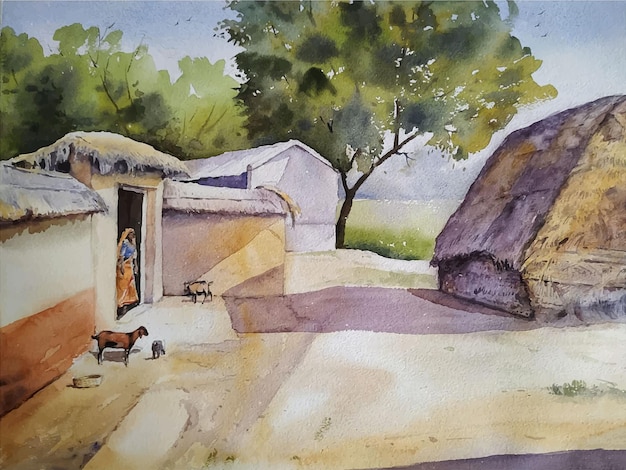 Vector aquarel dorp scène landschapsschilderkunst hand getrokken