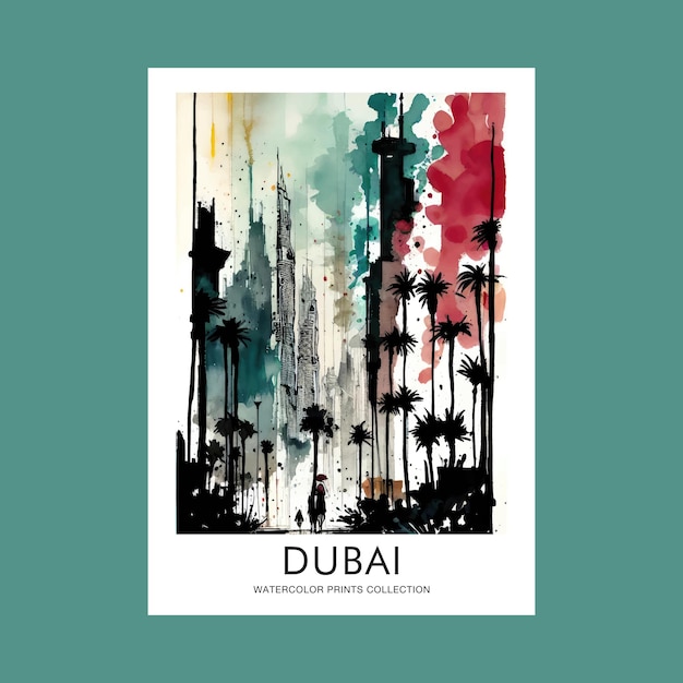 Aquarel dubai city schilderij afdrukbare reisposter