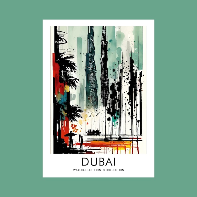 Aquarel dubai city schilderij afdrukbare reisposter